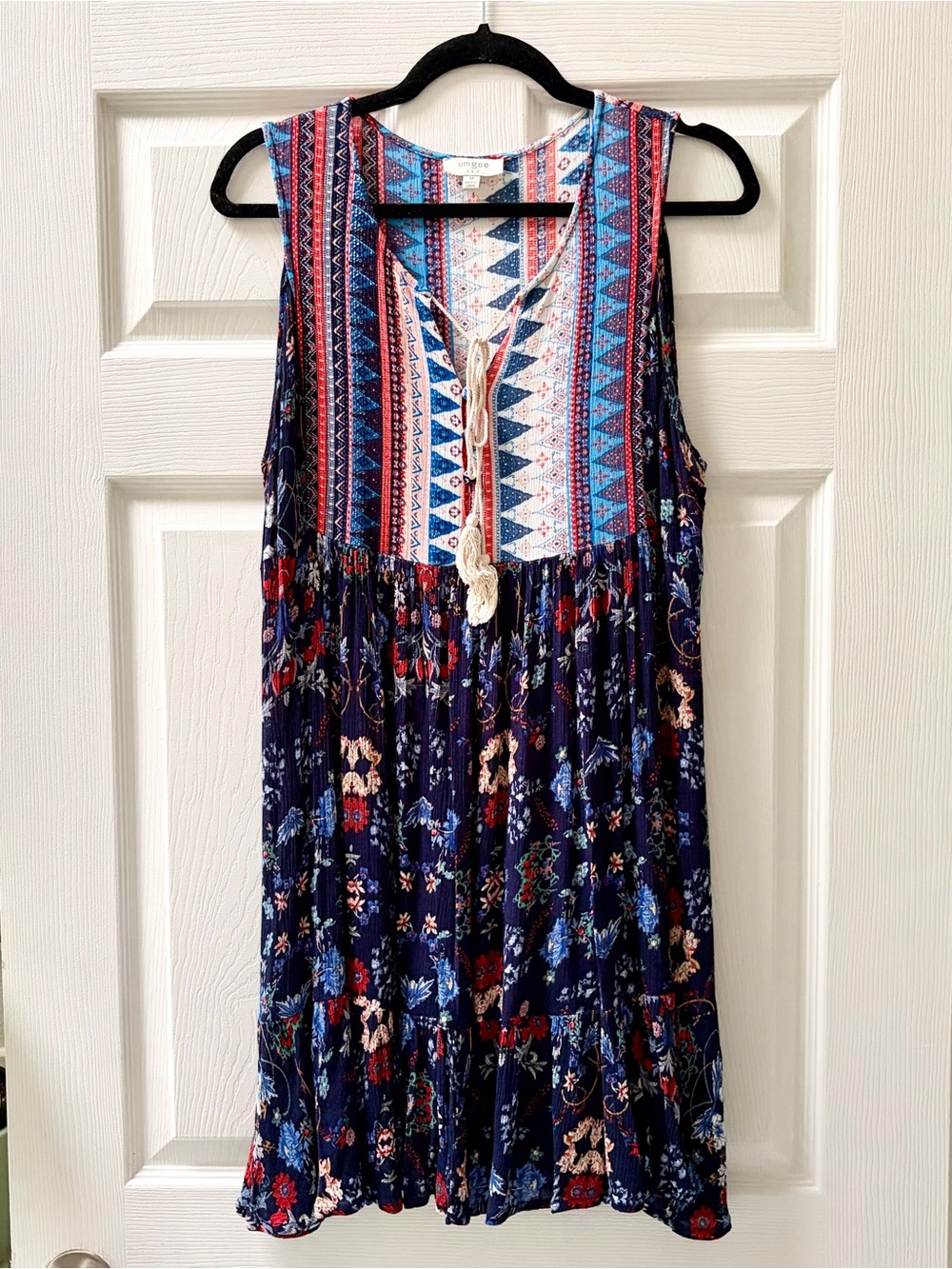 Umgee Navy Blue Boho Floral Sleeveless Dress with Tassel Tie, Pink, Red, Size M